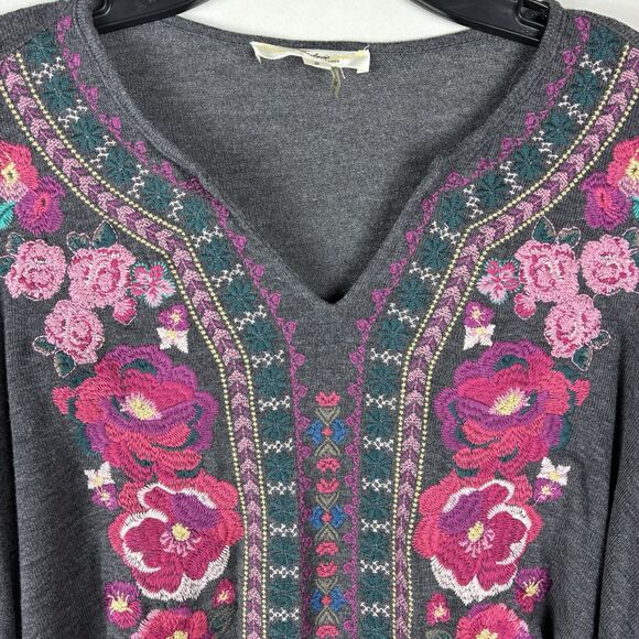 ANDRE By Unit Floral Embroidery Gray Small Top Colorful Boho Hippie Artsy - Picture 4 of 8